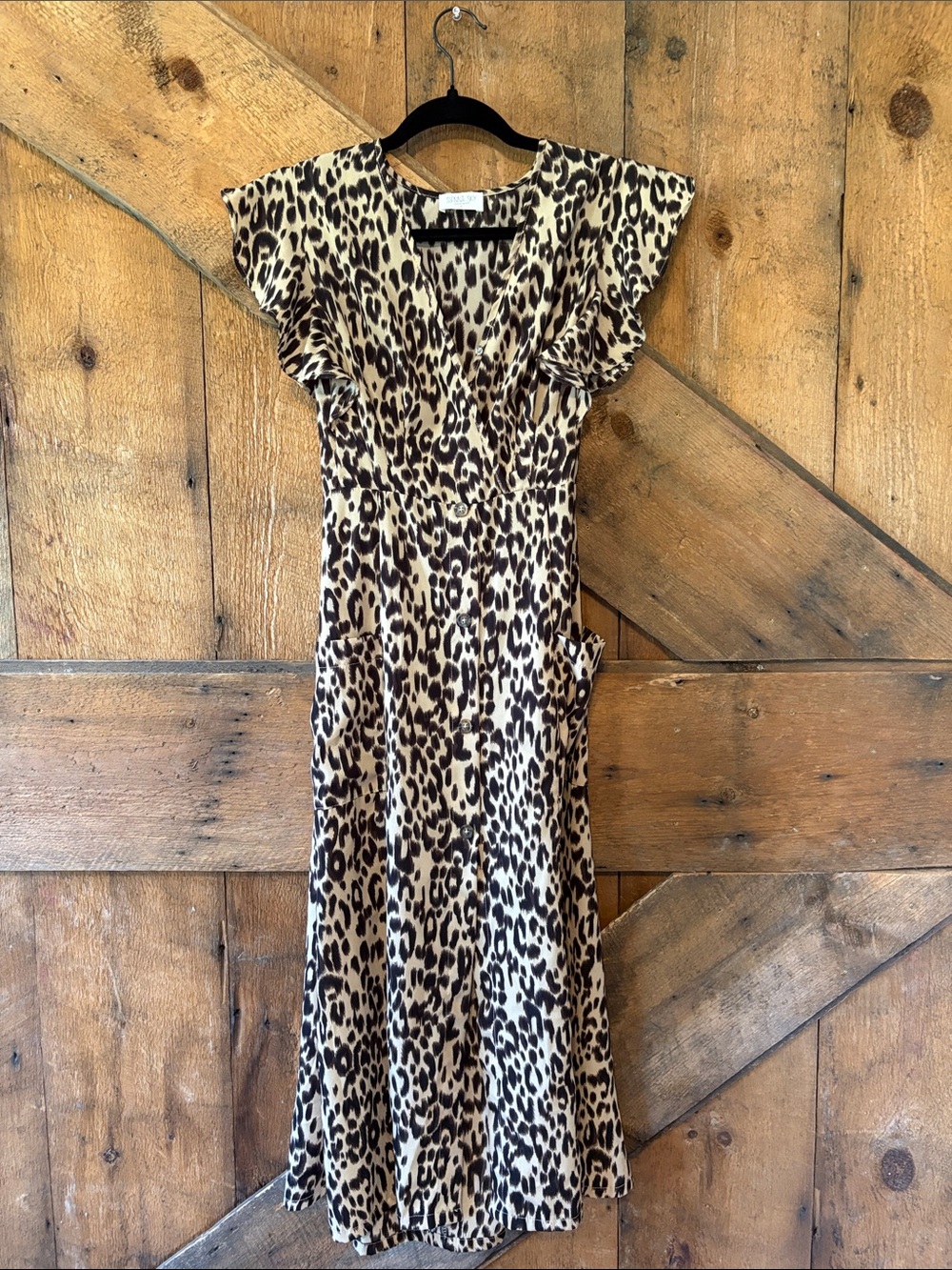 Sienna Sky Leopard Print Flutter Sleeve Maxi Dress in Beige and Black